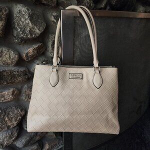 GUESS Pink/Cream Leather Woven Shoulder Bag